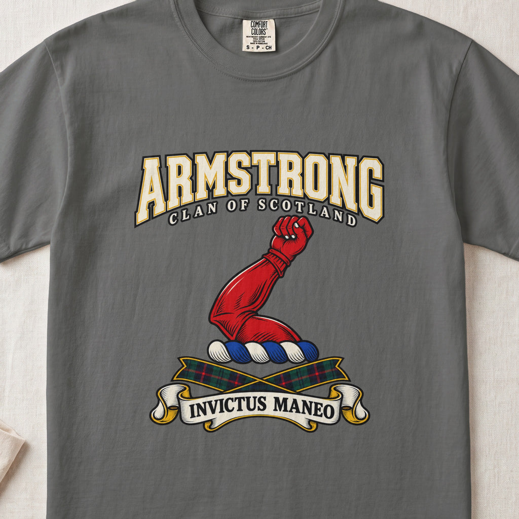 Armstrong Scottish clan graphic T-shirt in Pepper, front view