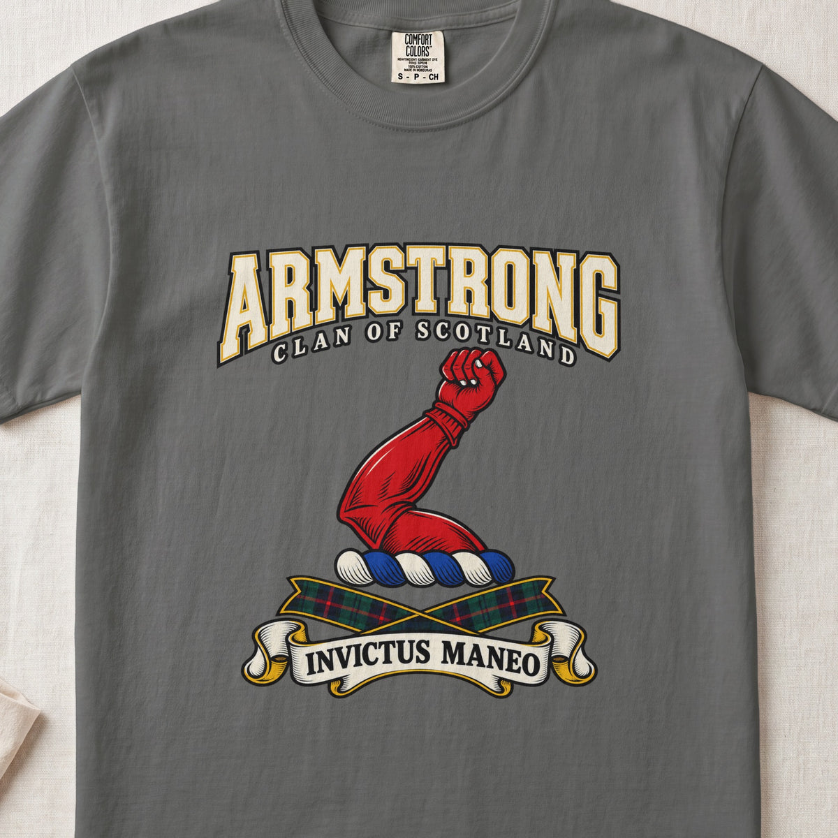 Armstrong Scottish clan graphic T-shirt in Pepper, front view