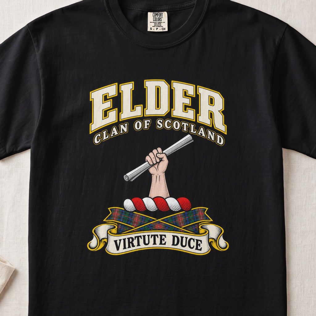 Elder Scottish clan T-shirt in Black, front view with a hand holding a silver rod and motto banner.