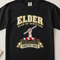 Elder Scottish clan T-shirt in Black, front view with a hand holding a silver rod and motto banner.