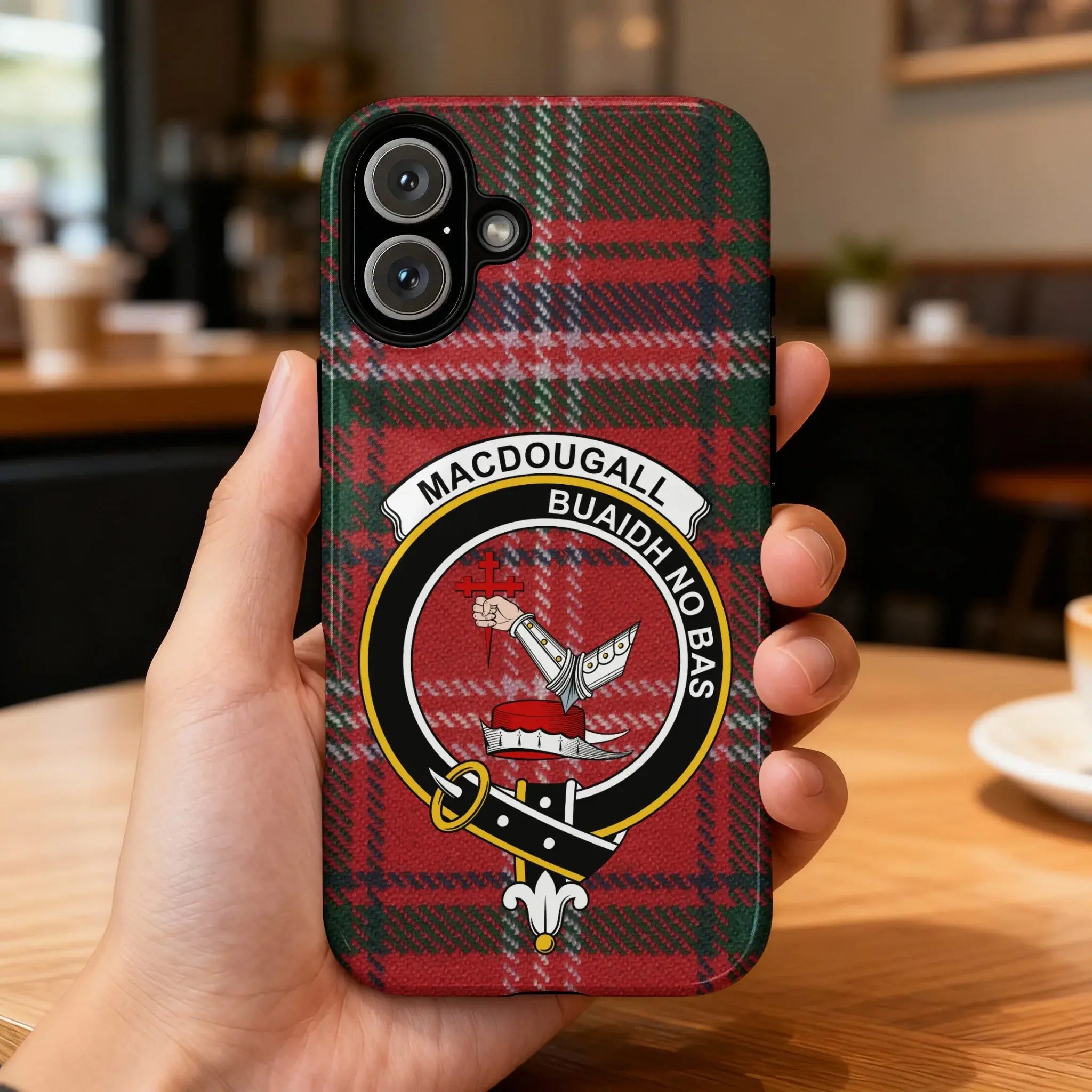MacDougall clan tartan iPhone case with crest design — full heraldic wrap on glossy impact-resistant shell