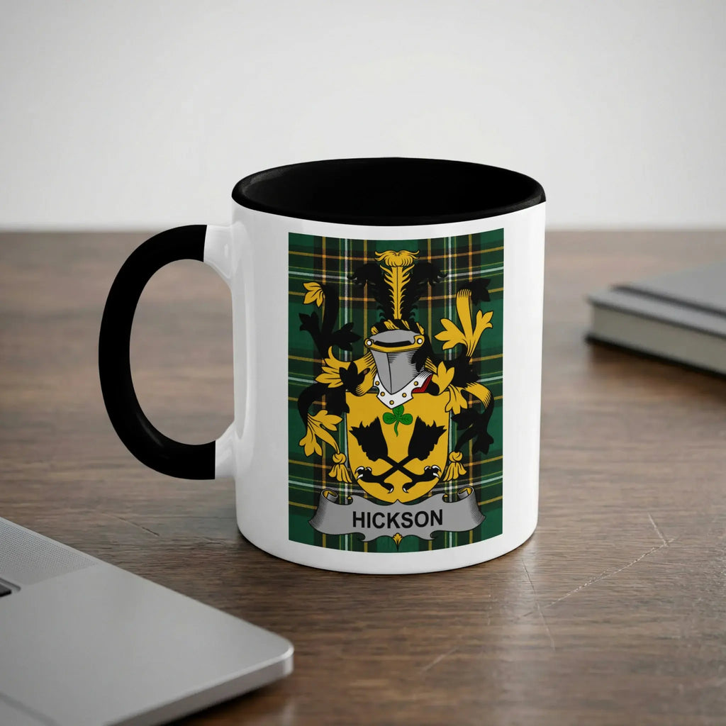 White mug with black rim and handle, displaying the Hickson family crest.