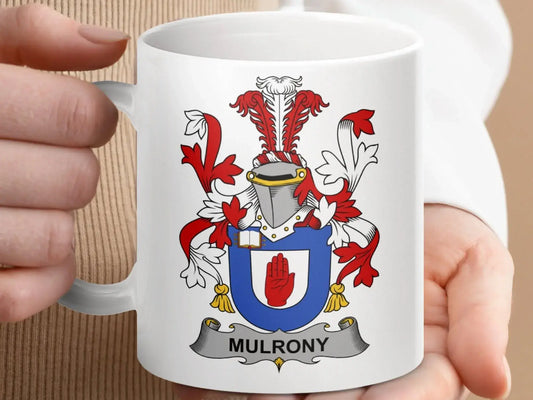 Mulrony Family Crest Coat of Arms Design Mug - Celtic Ancestry Gifts