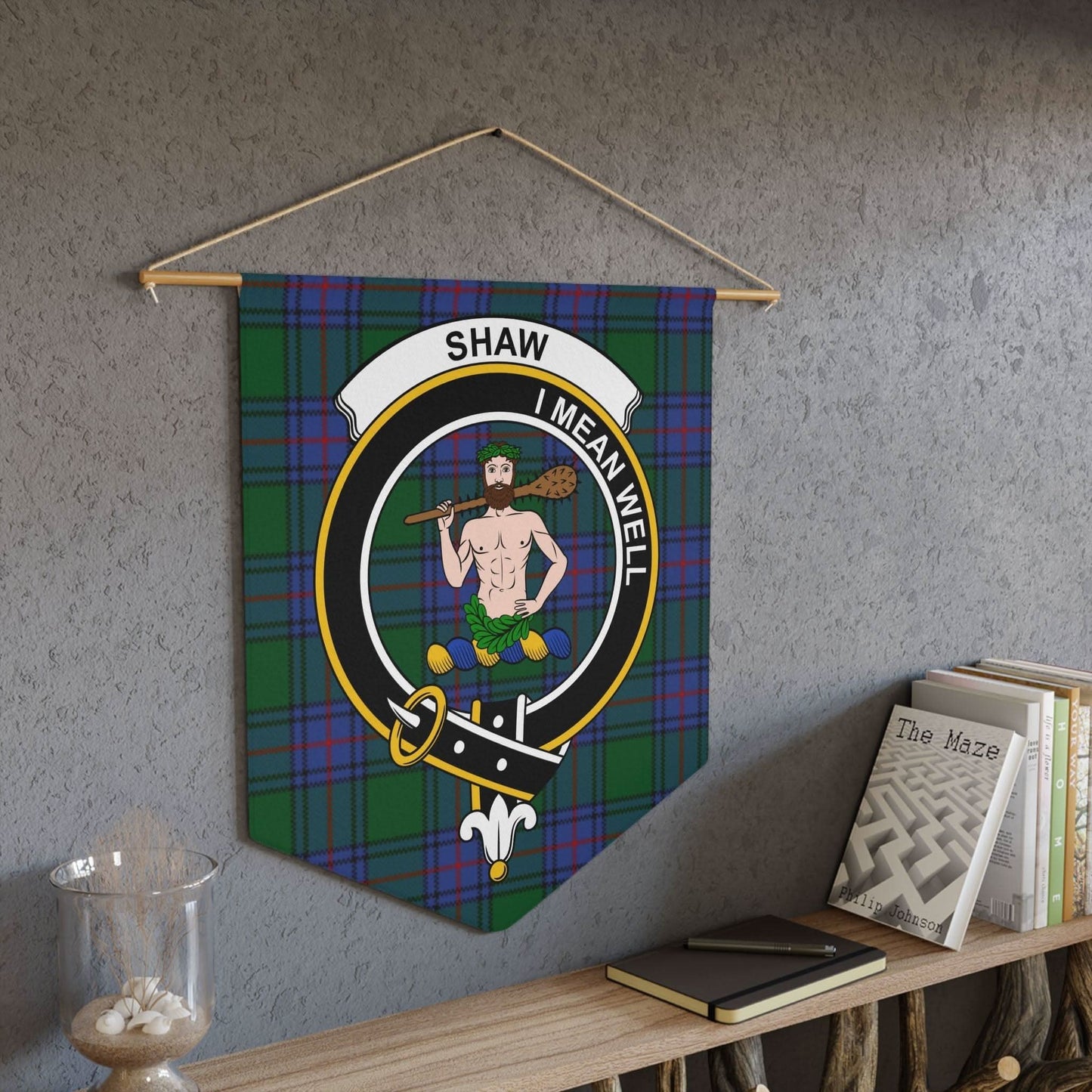 Shaw Clan Scottish Tartan Crest Motif Wall Pennant - Celtic Ancestry Gifts