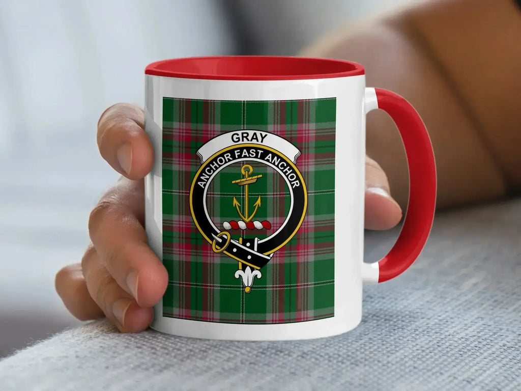 Gray clan crest mug set — three colour options, black, navy and red handles, 11oz ceramic