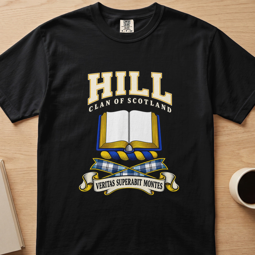 Hill clan T-shirt in black, front view with open book with blue and gold edging