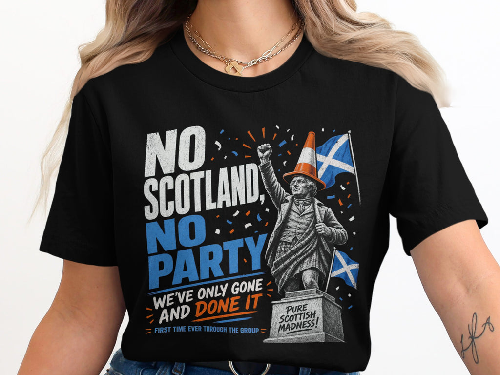 Black t-shirt with "NO SCOTLAND, NO PARTY" and statue graphic.
