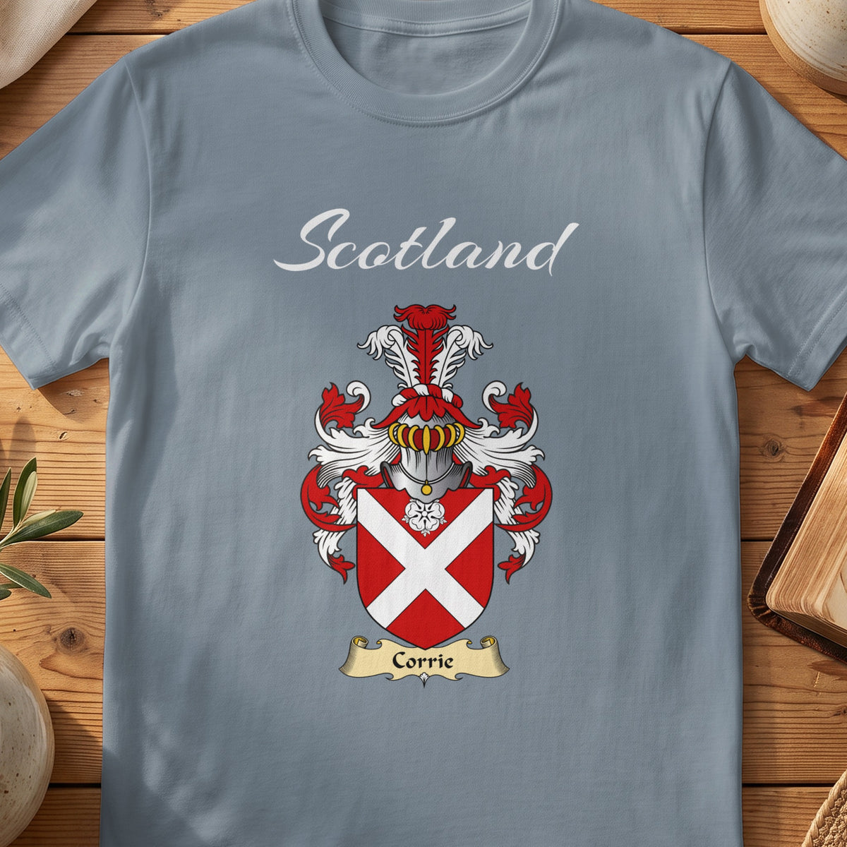 Corrie Scottish family shield T-shirt in Stone Blue