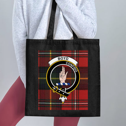 Boyd Clan Crest on Scottish Tartan Background Tote Bag - Living Stone Gifts