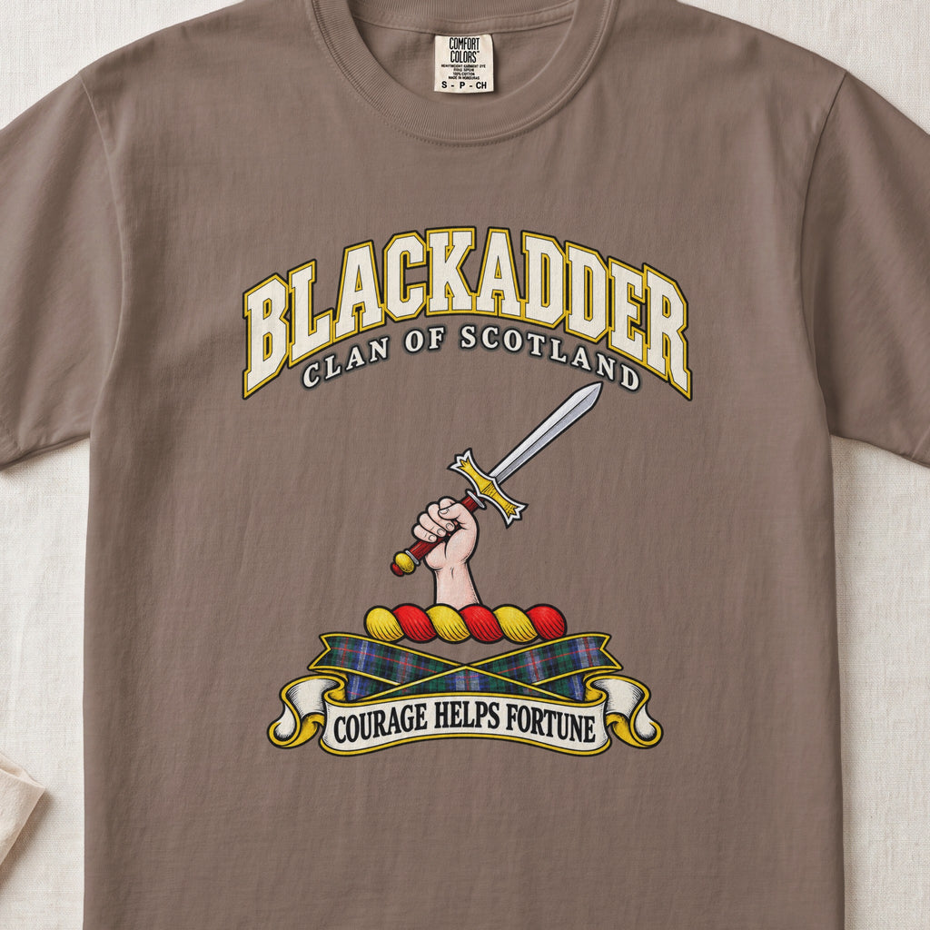Blackadder Scottish clan T-shirt in Espresso, front view with a hand holding a raised sword and motto banner.