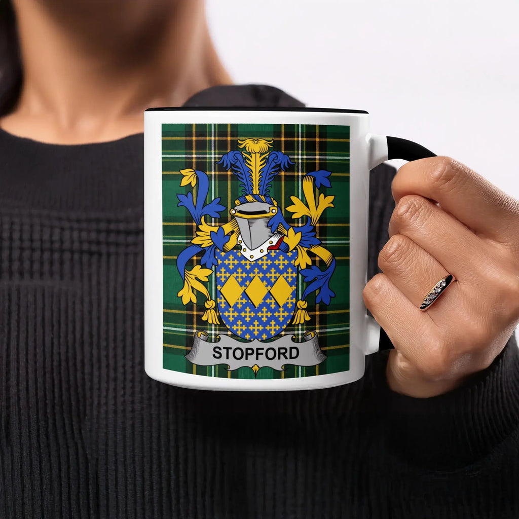 Stopford black accent mug with Irish National Tartan and family crest