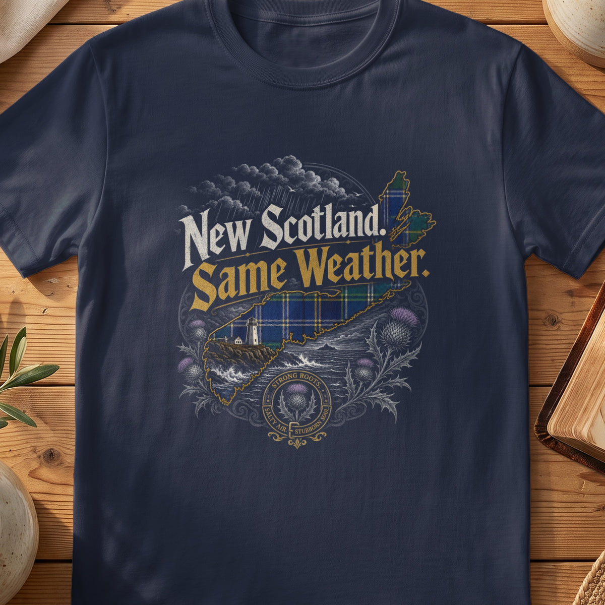 Navy Gildan 64000 unisex T-shirt flatlay with New Scotland Same Weather Scottish graphic design