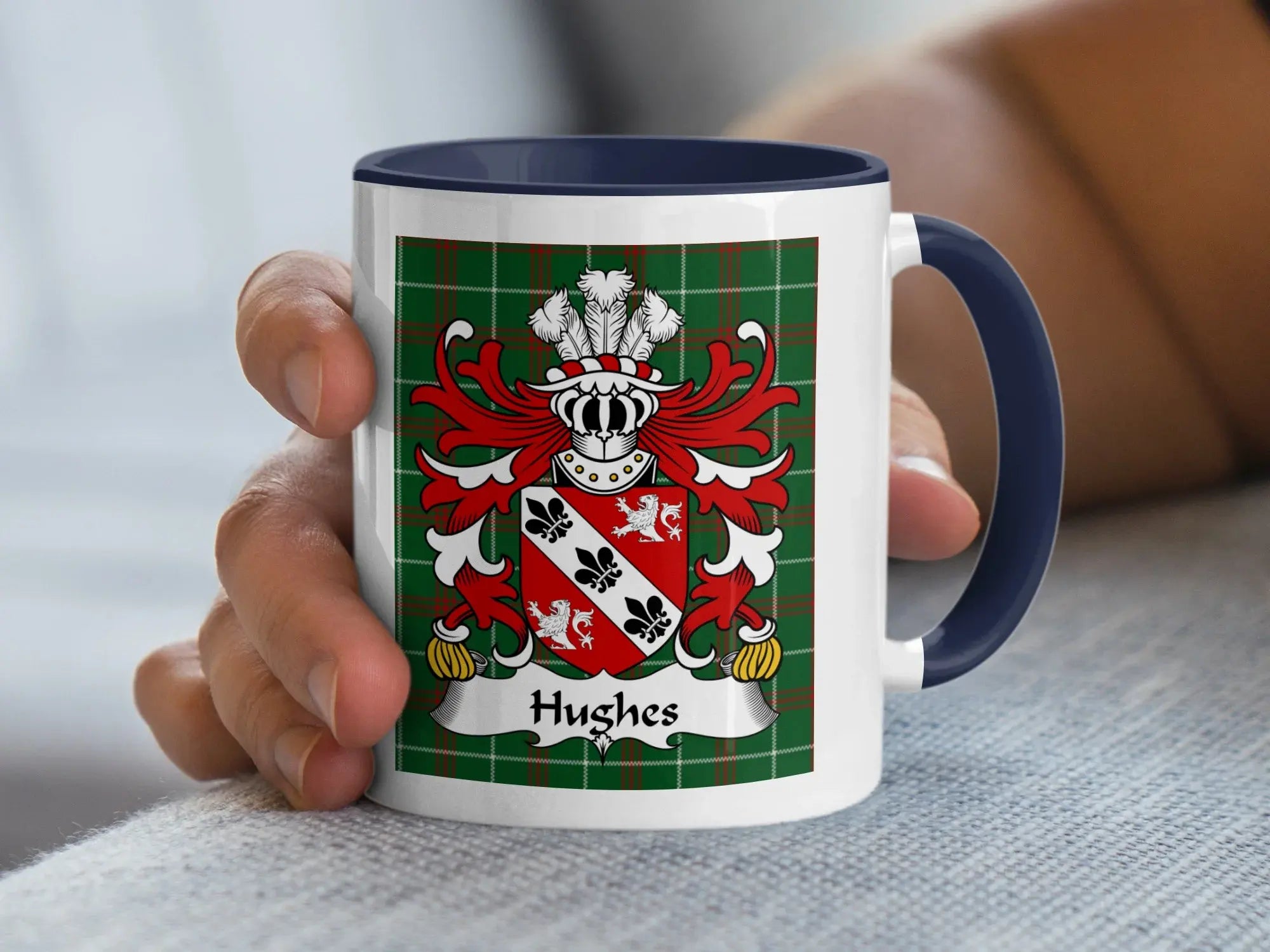 Hughes Welsh family crest mug with navy accent on green plaid tartan