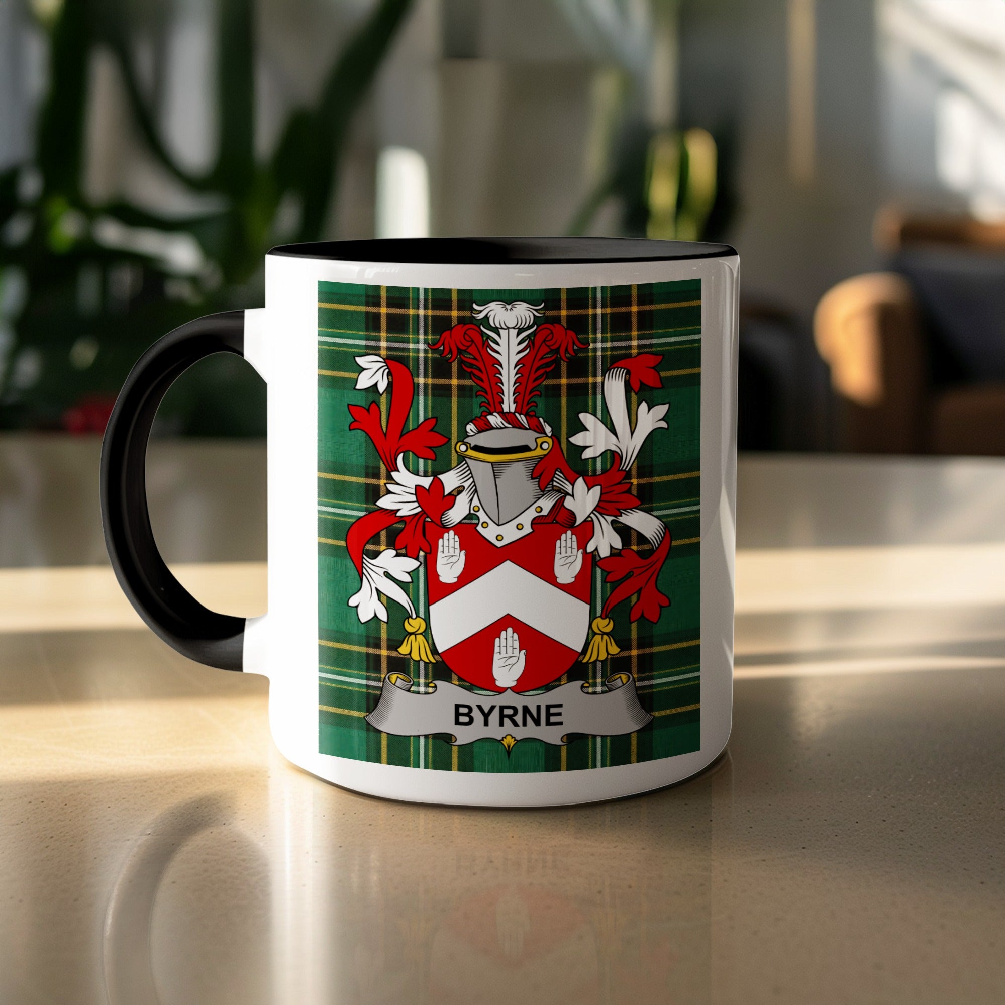 Byrne family crest on Irish National Tartan mug — close-up detail