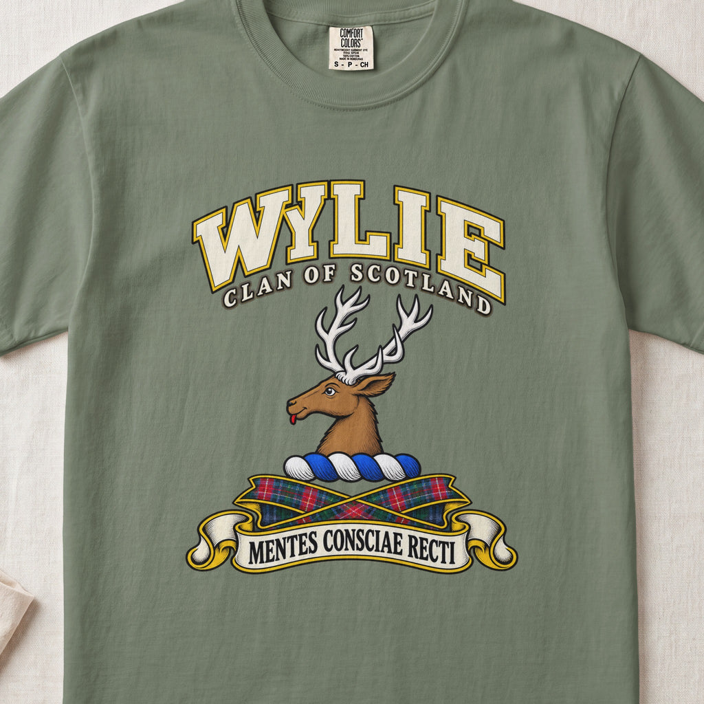 Wylie Scottish clan T-shirt in Moss, front view with a brown stag head with white antlers and motto banner.