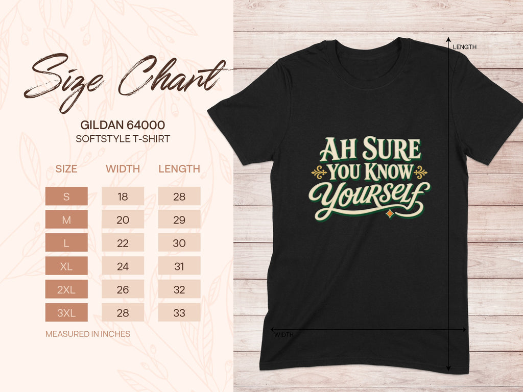 Gildan 64000 unisex T-shirt size chart with width and length measurements