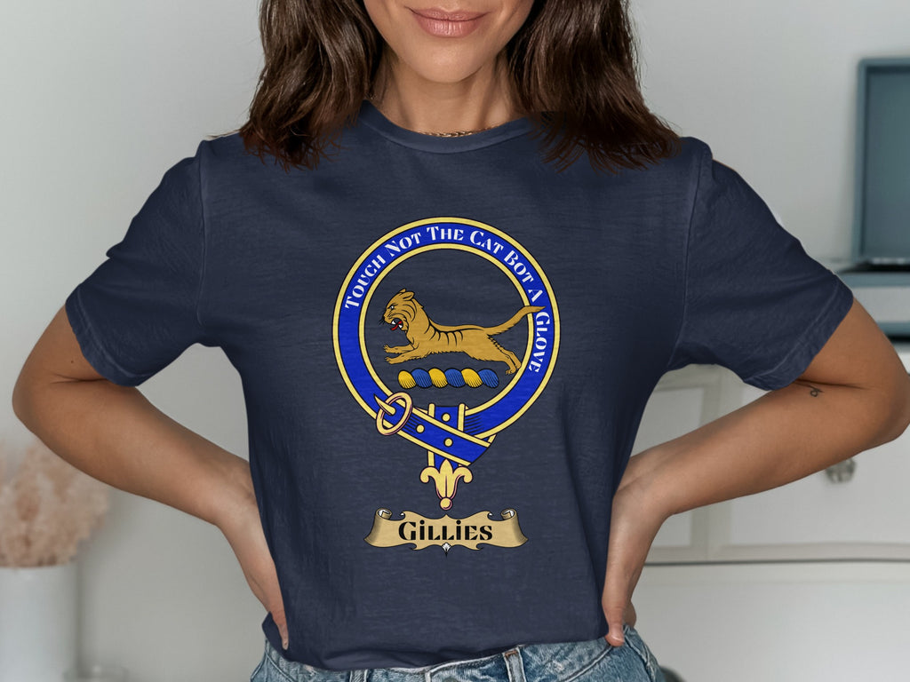 Gillies Scottish clan crest design on navy T-shirt