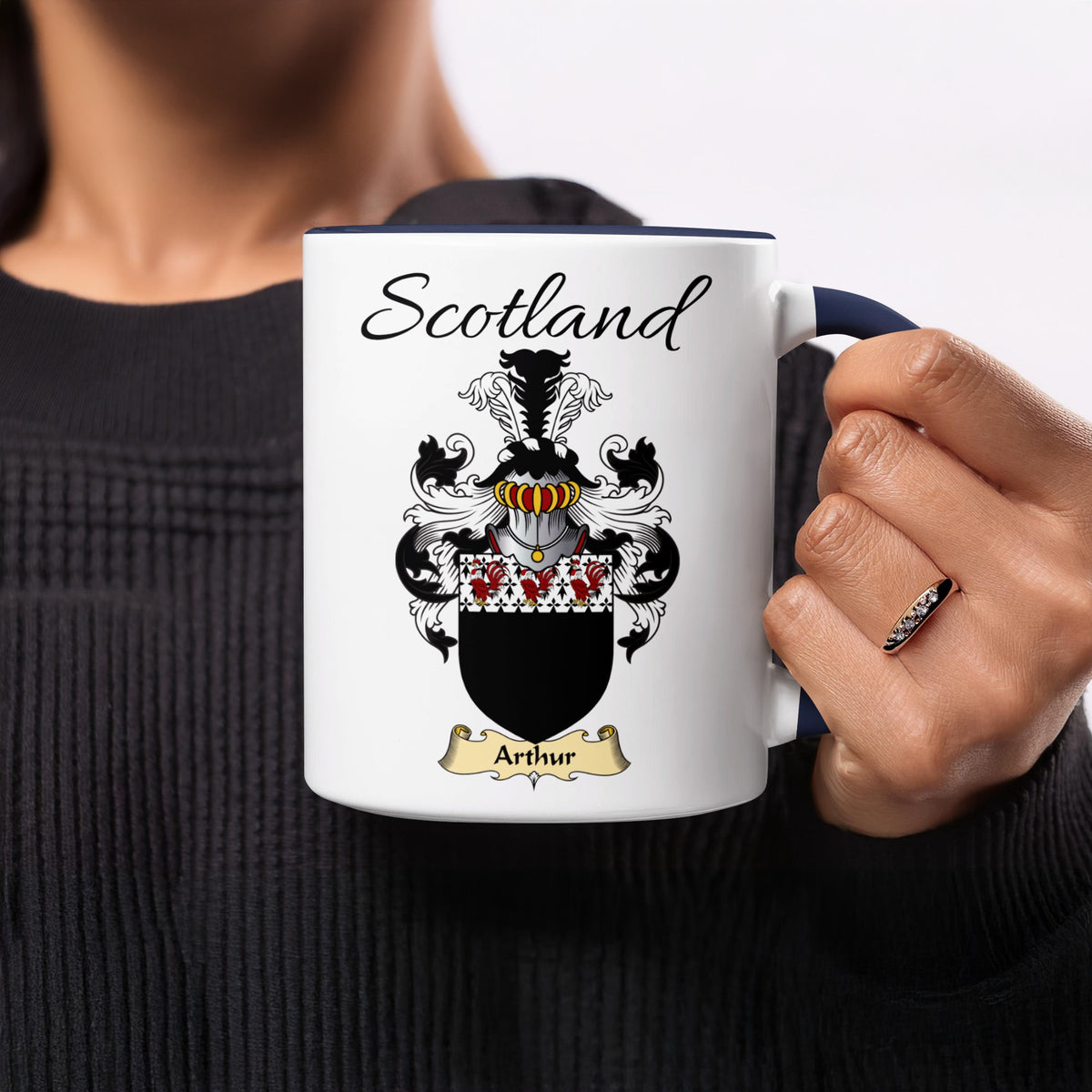 Red-accent Arthur Scottish family crest mugs with Scotland above the heraldic shield