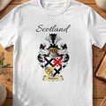 White Hadden Scottish family shield T-shirt featuring a quartered black, red and gold design