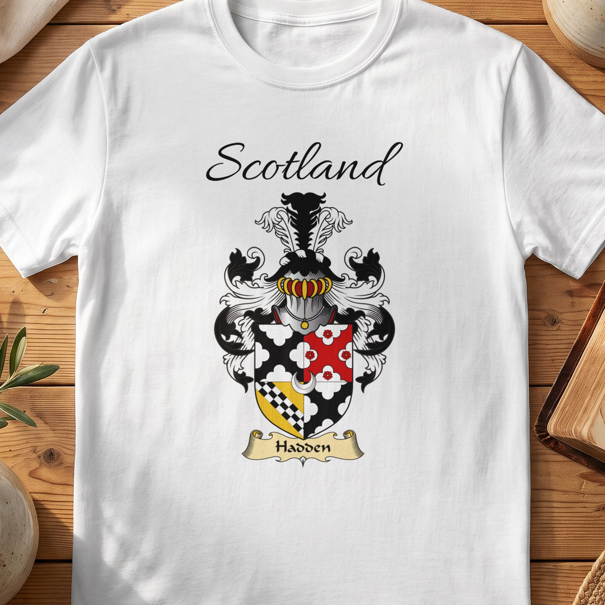 White Hadden Scottish family shield T-shirt featuring a quartered black, red and gold design
