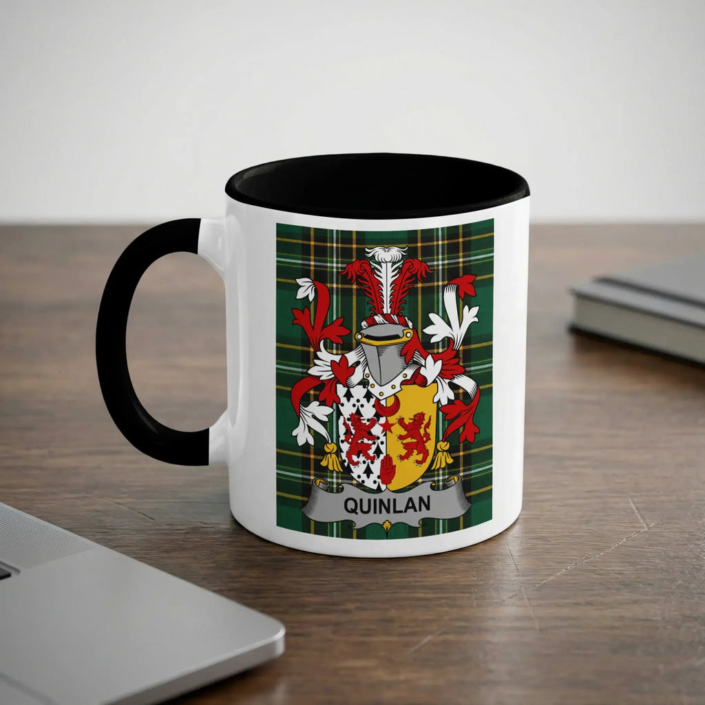 Quinlan Irish heritage mug with black interior and family crest