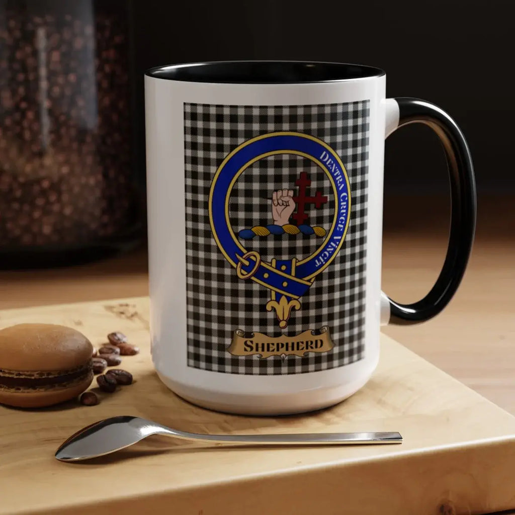 Close-up of the Shepherd clan crest printed on a ceramic mug