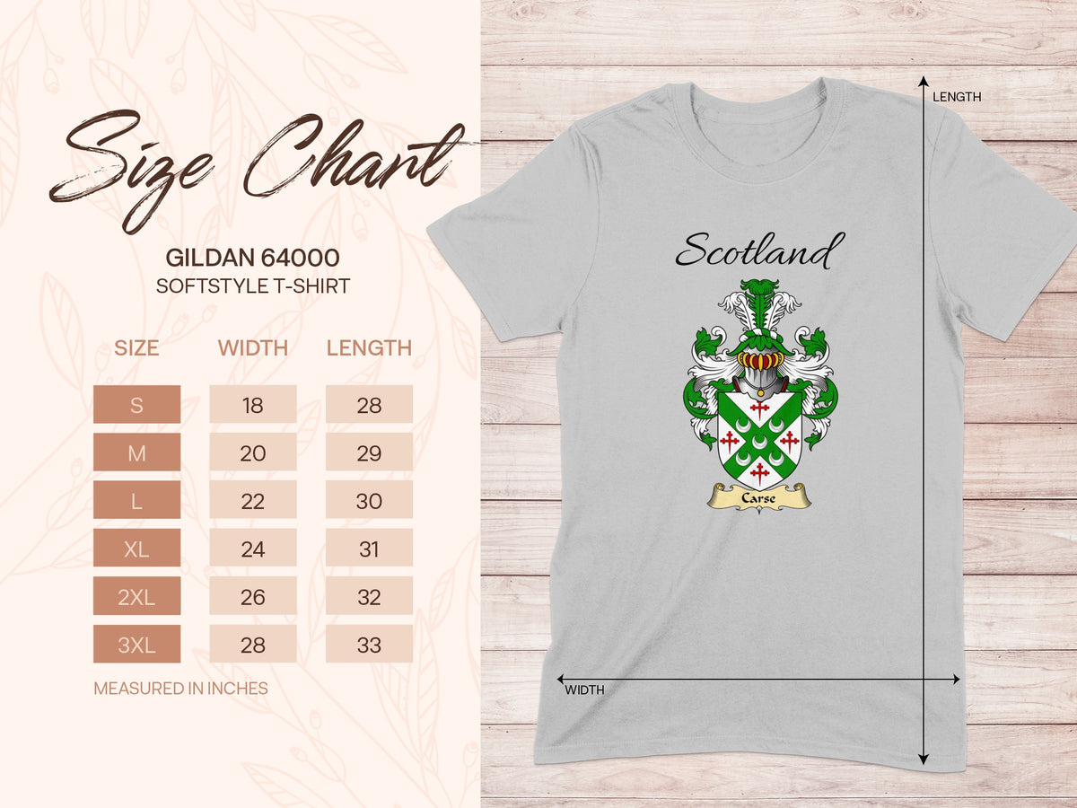 Gildan 64000 size chart for the Carse unisex T-shirt, sizes S to 3XL