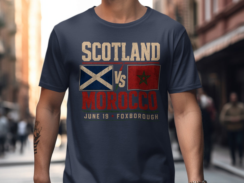 Navy t-shirt with Scotland vs Morocco flags and text.