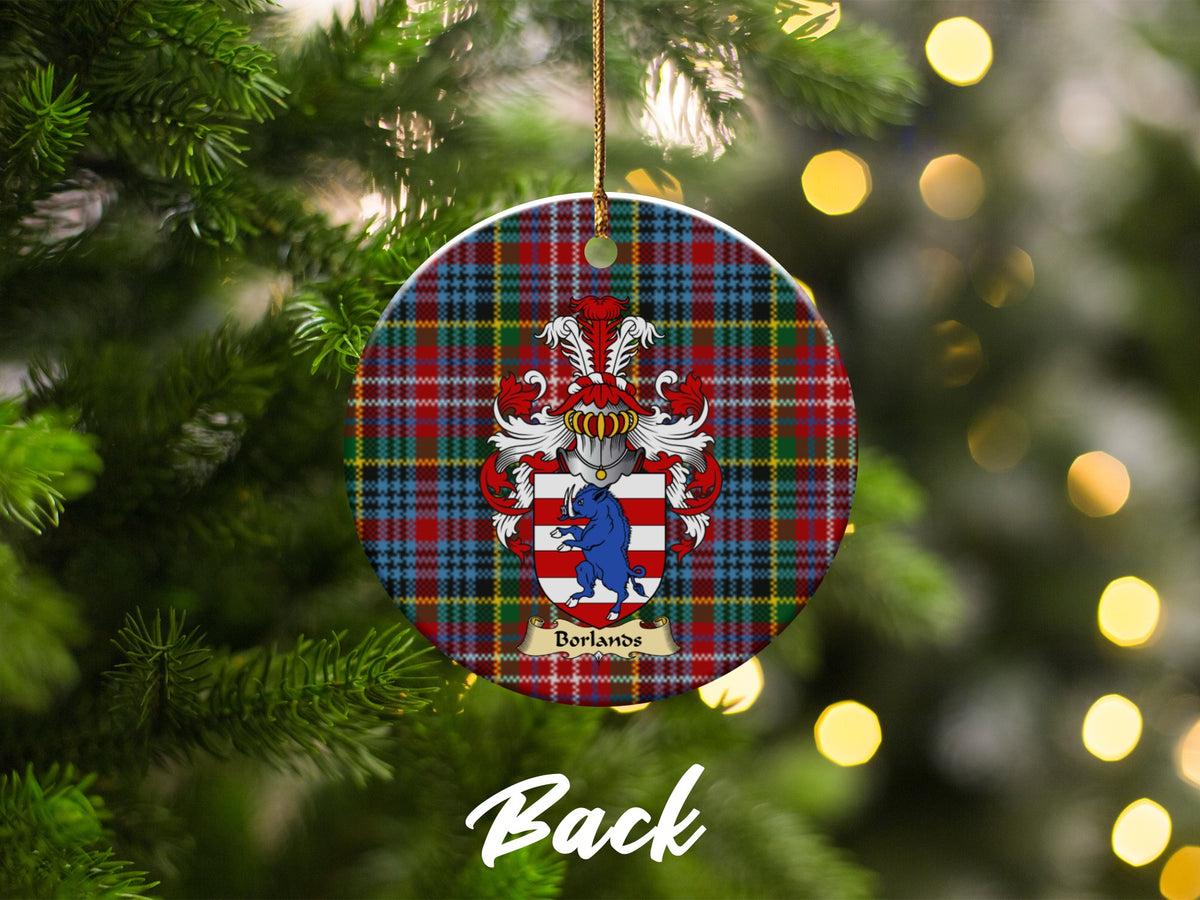 Double-sided Borlands ceramic ornament with family shield and Caledonia tartan background