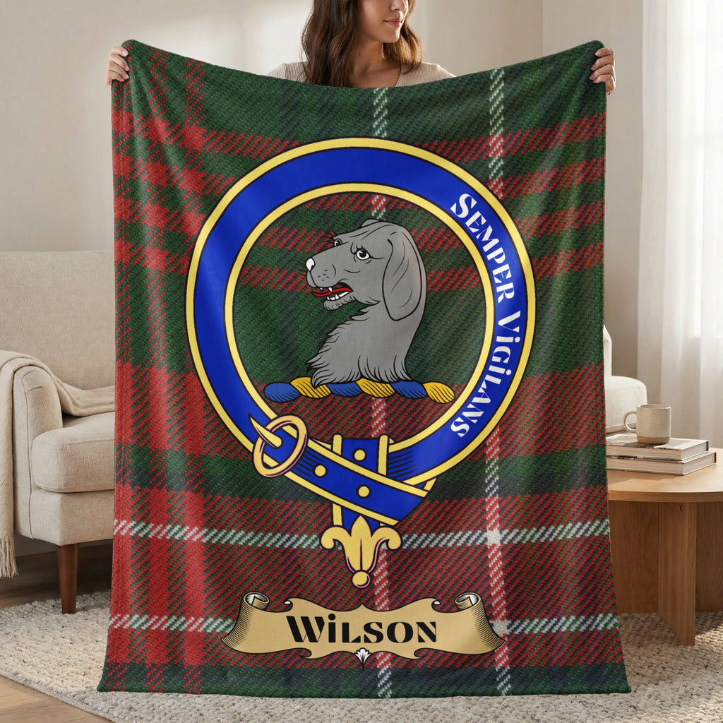 Wilson clan crest tartan throw blanket with Semper Vigilans motto — 50x60