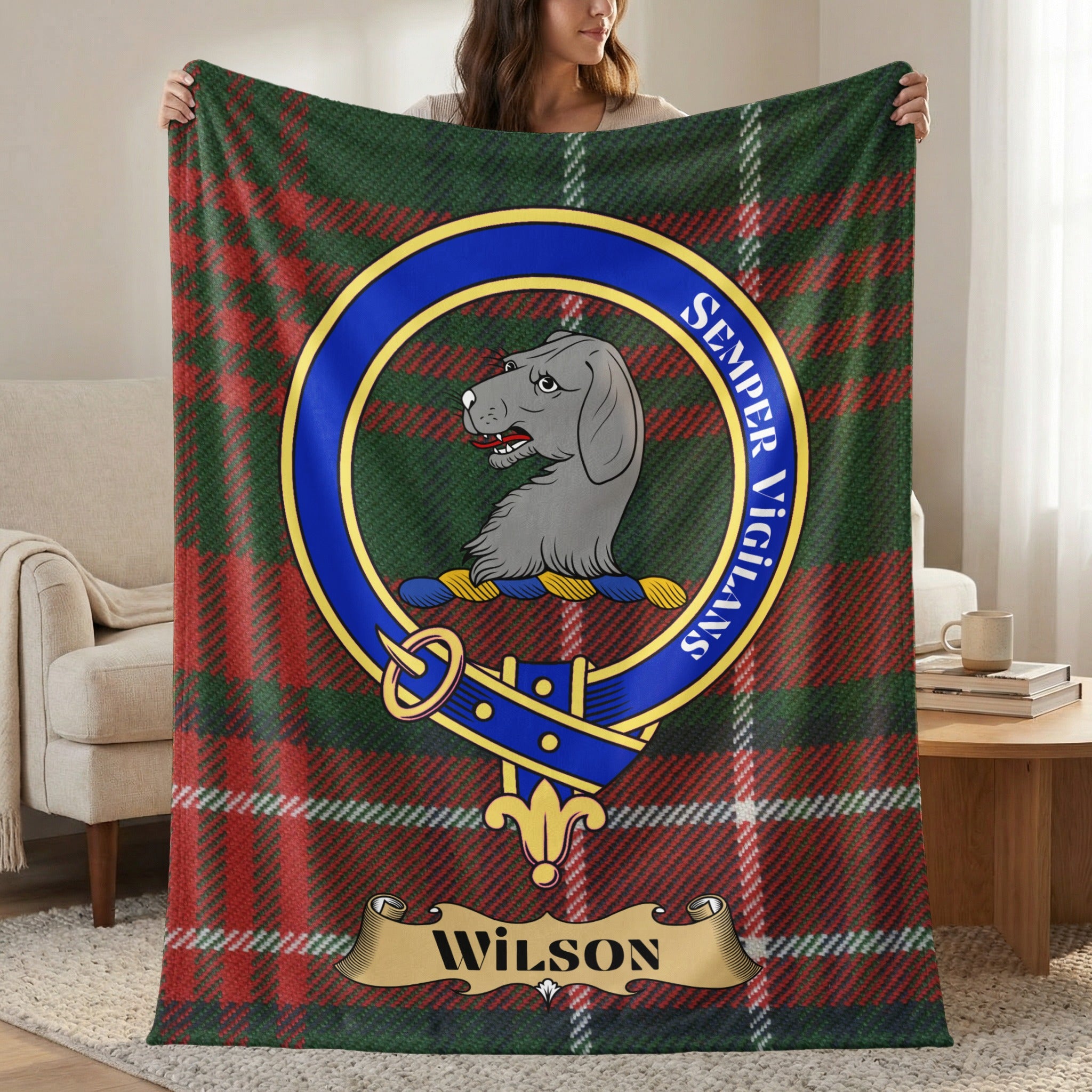 Wilson clan crest tartan throw blanket with Semper Vigilans motto — 50x60