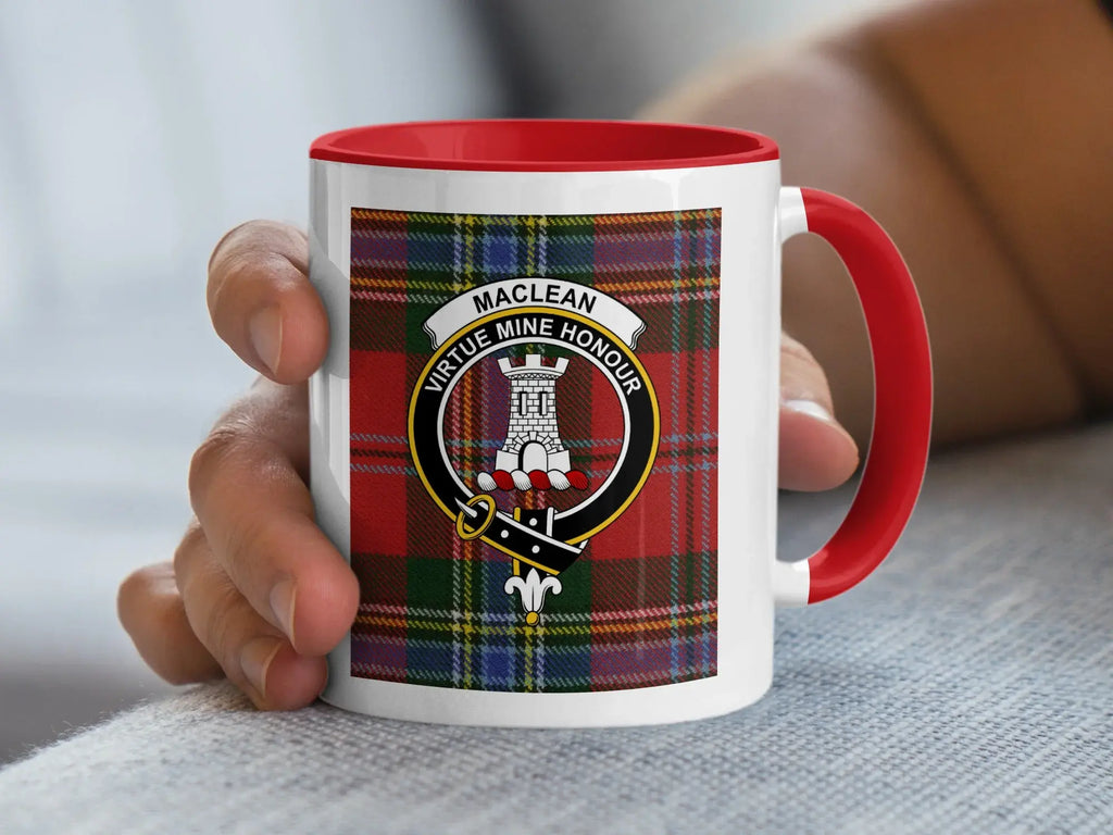 MacLean Virtue Mine Honour tartan design mug — 11oz glossy white ceramic, Scottish heritage