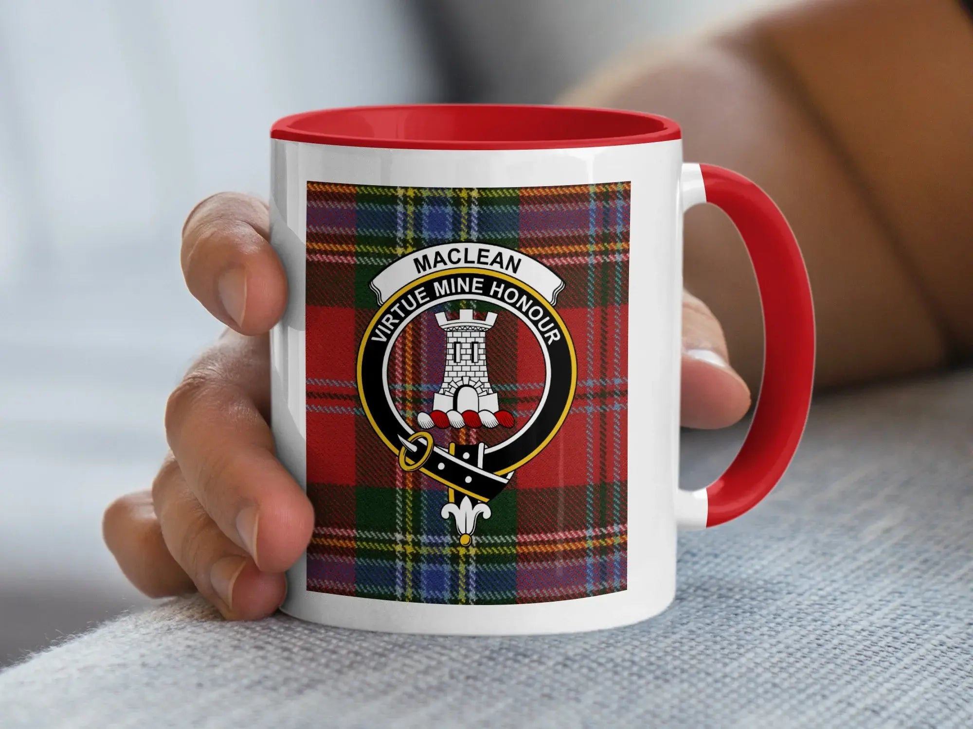 MacLean Virtue Mine Honour tartan design mug — 11oz glossy white ceramic, Scottish heritage
