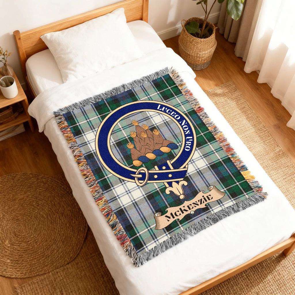MacKenzie Luceo Non Uro clan crest tartan woven throw blanket — 100% cotton with fringe