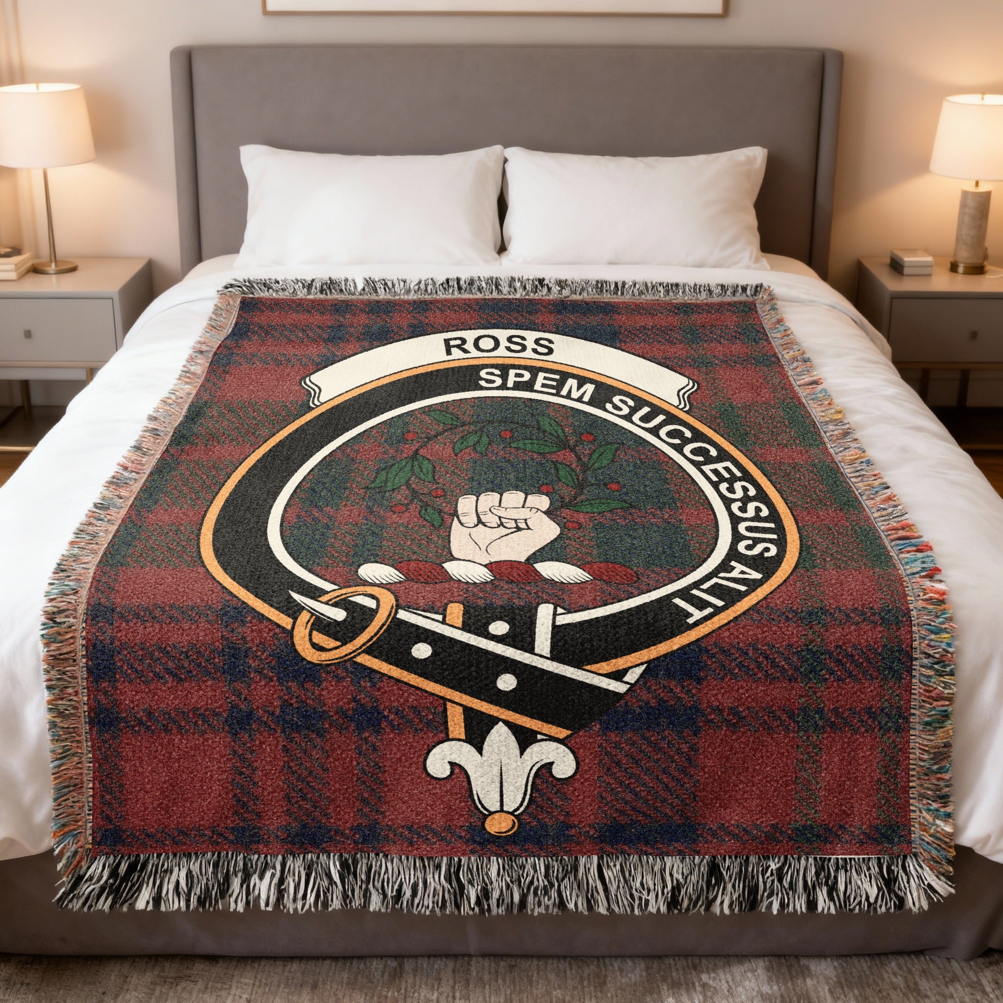 Ross clan crest tartan woven blanket — hand holding wreath crest, 100% cotton