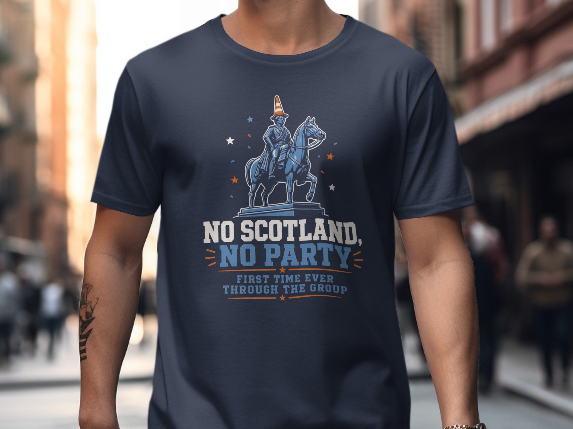 Dark blue t-shirt with "NO SCOTLAND, NO PARTY" text and equestrian statue.