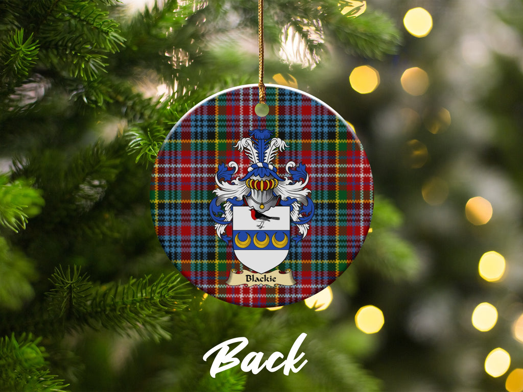 Double-sided Blackie ceramic ornament with family shield and Caledonia tartan background
