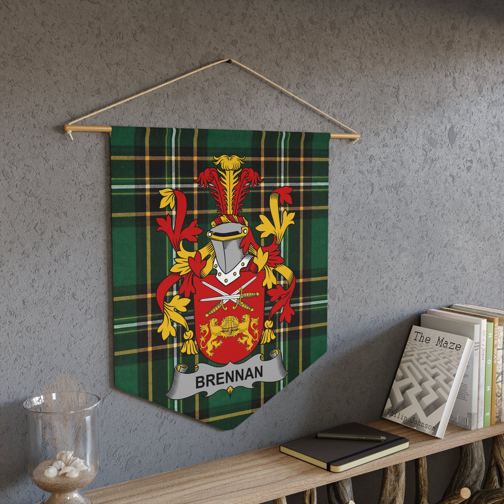 Brennan family crest on a green plaid banner hanging from a wooden rod.