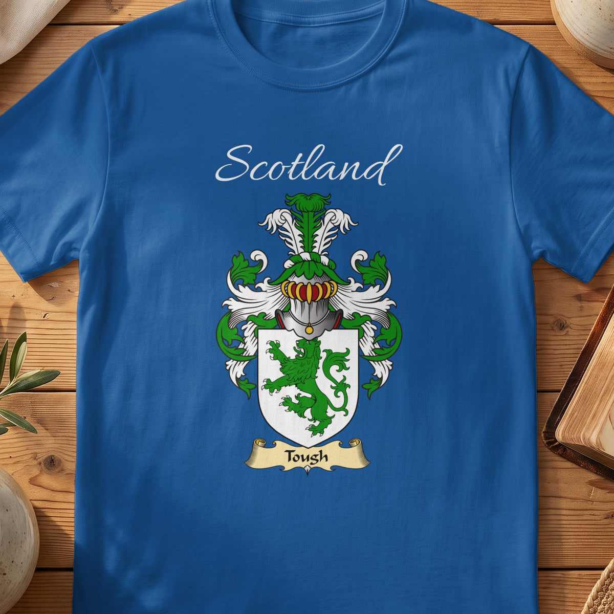 Royal blue Tough unisex heritage T-shirt with the family shield and surname design.