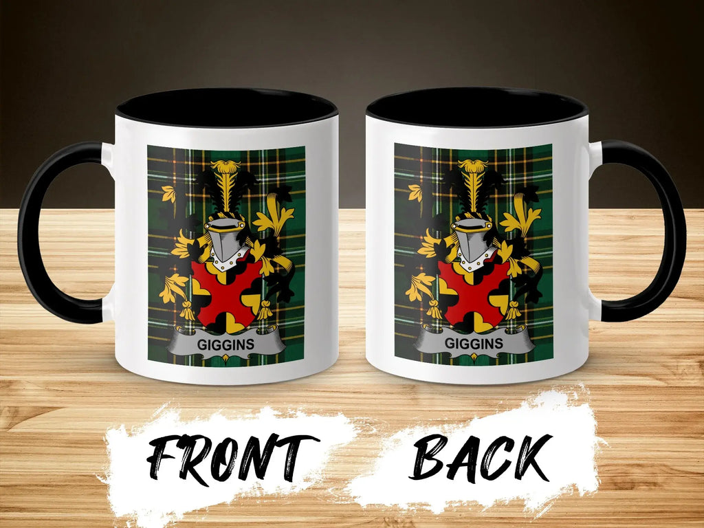Two white mugs with black rims, each displaying the "Giggins" family crest on a plaid background.