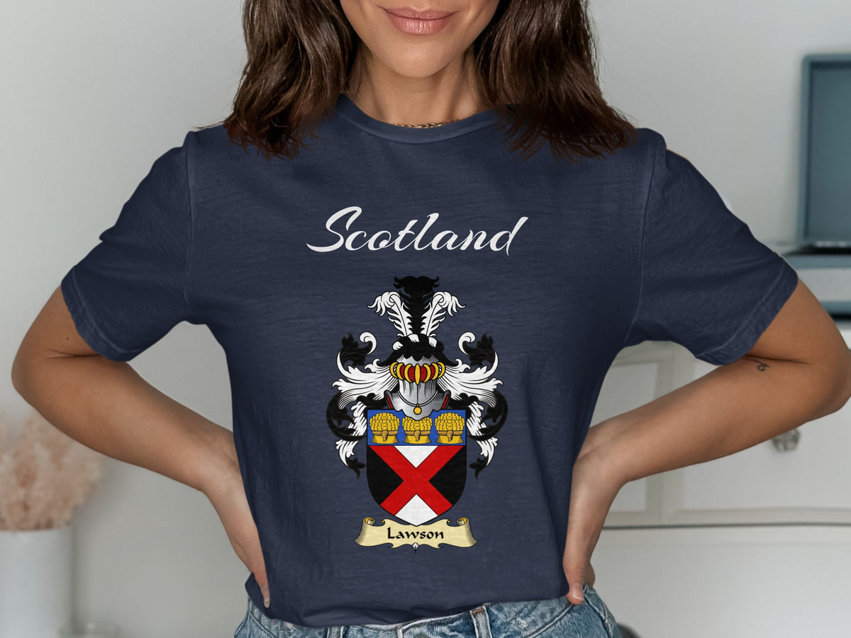 Lawson Scottish family shield design on Navy T-shirt