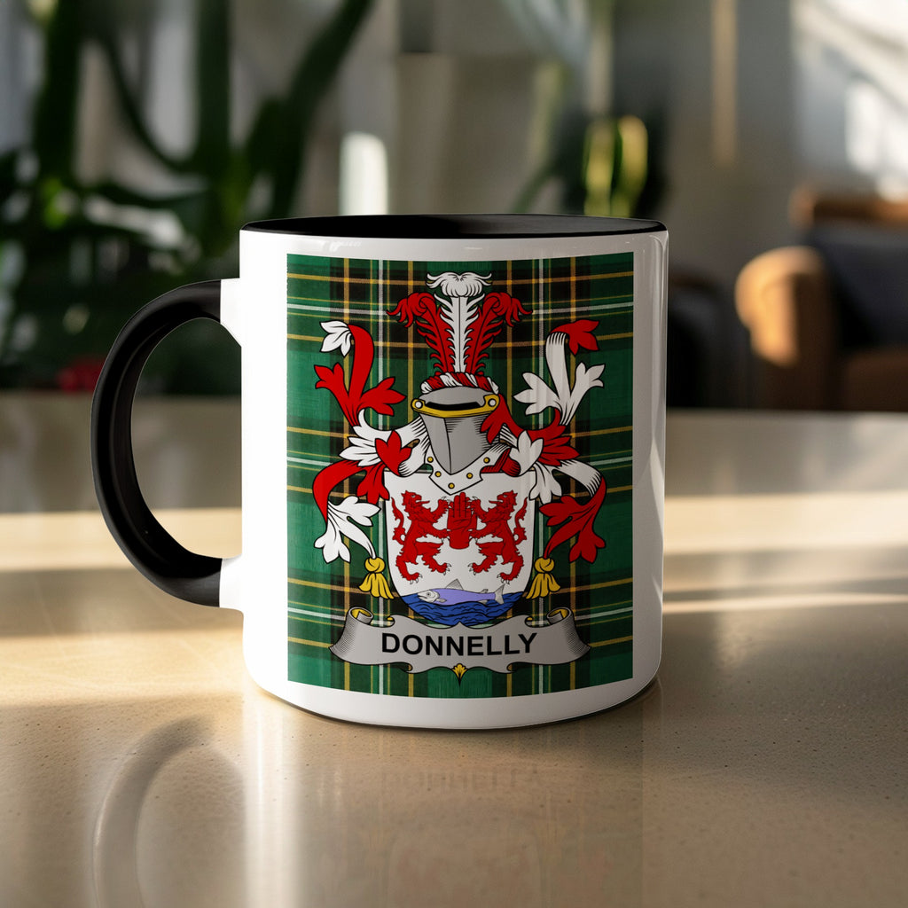 Donnelly family crest on green tartan mug — close-up detail