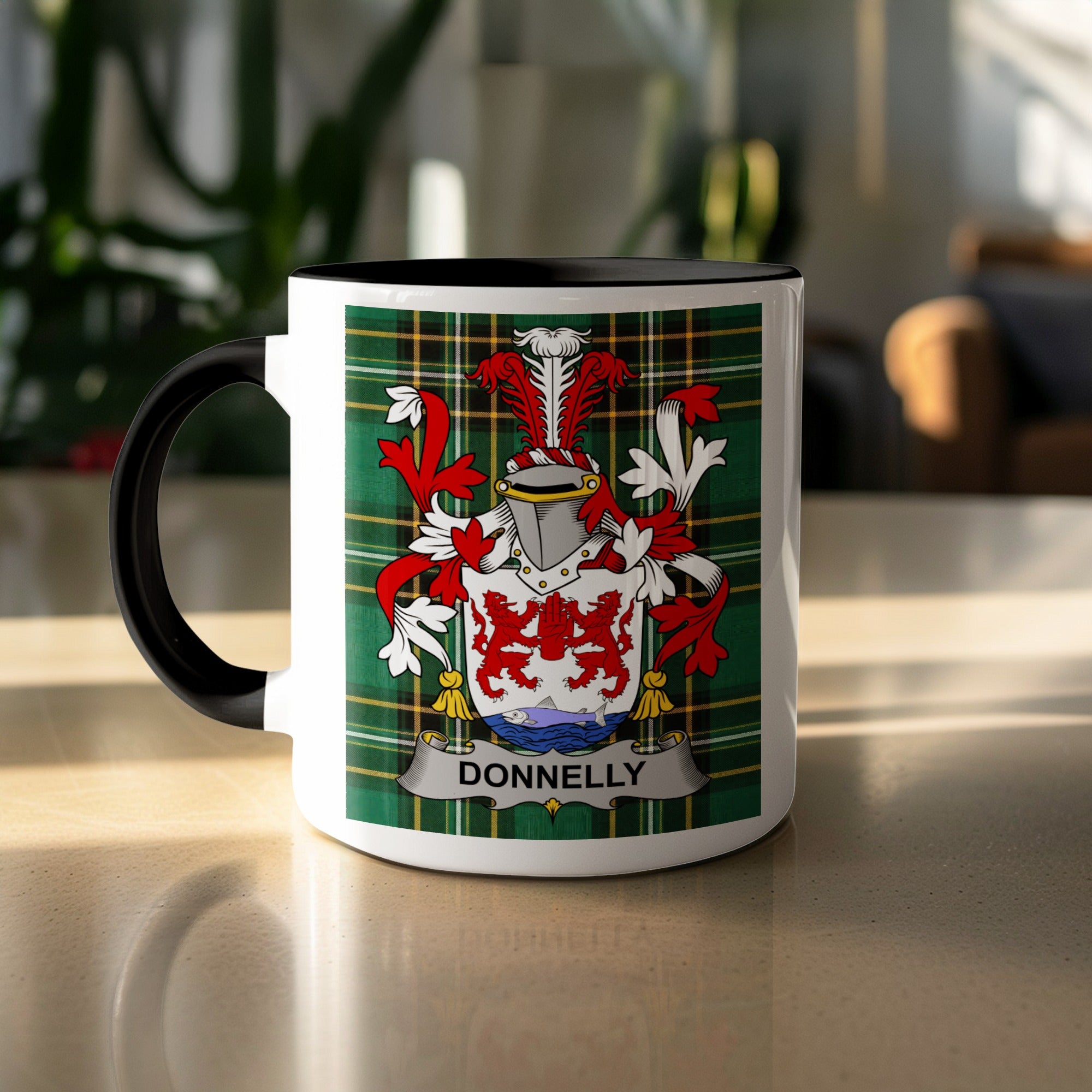 Donnelly family crest on green tartan mug — close-up detail