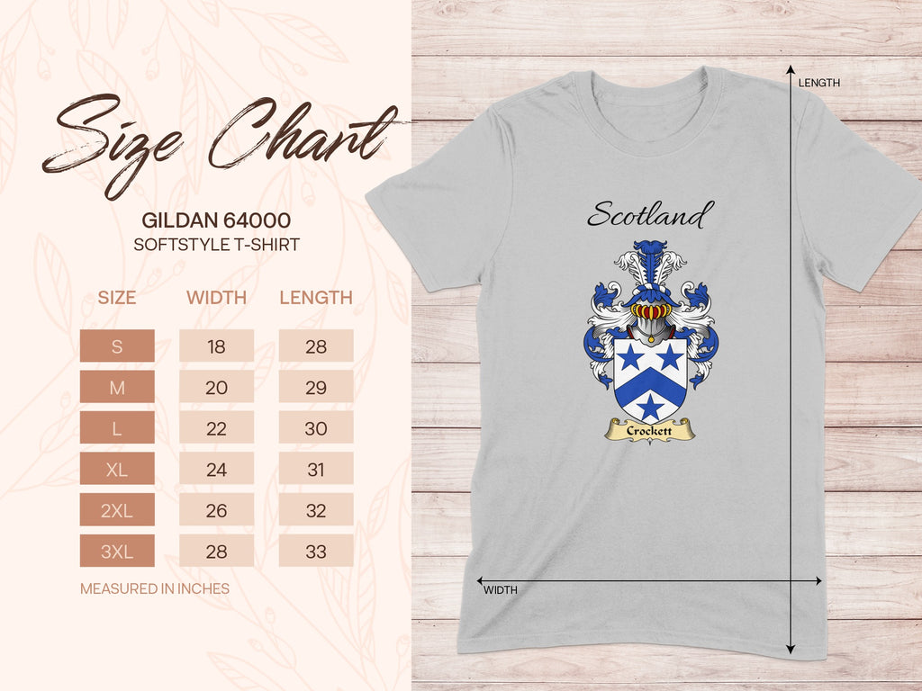 Gildan 64000 size chart for the Crockett unisex T-shirt, sizes S to 3XL
