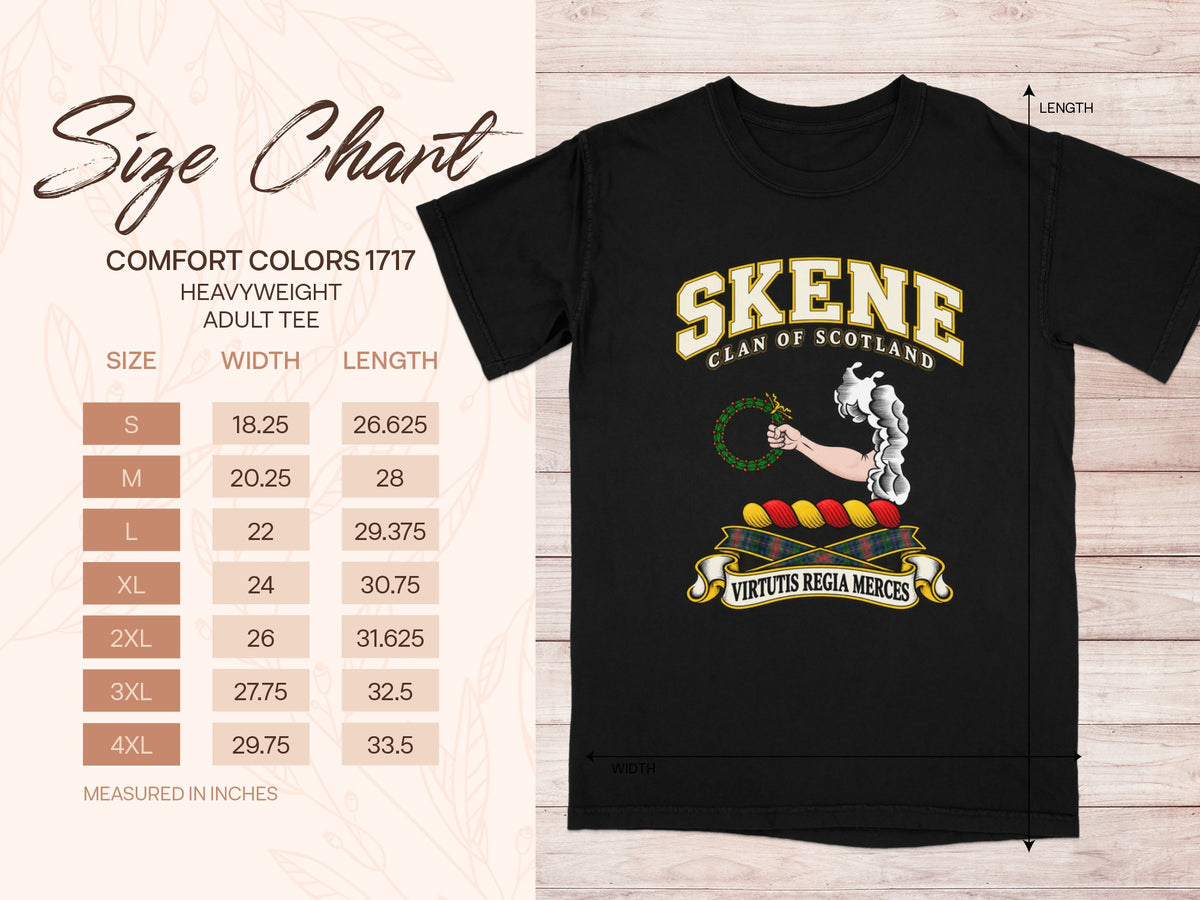 Comfort Colors 1717 size chart for the Skene Scottish clan T-shirt, adult sizes S–4XL.