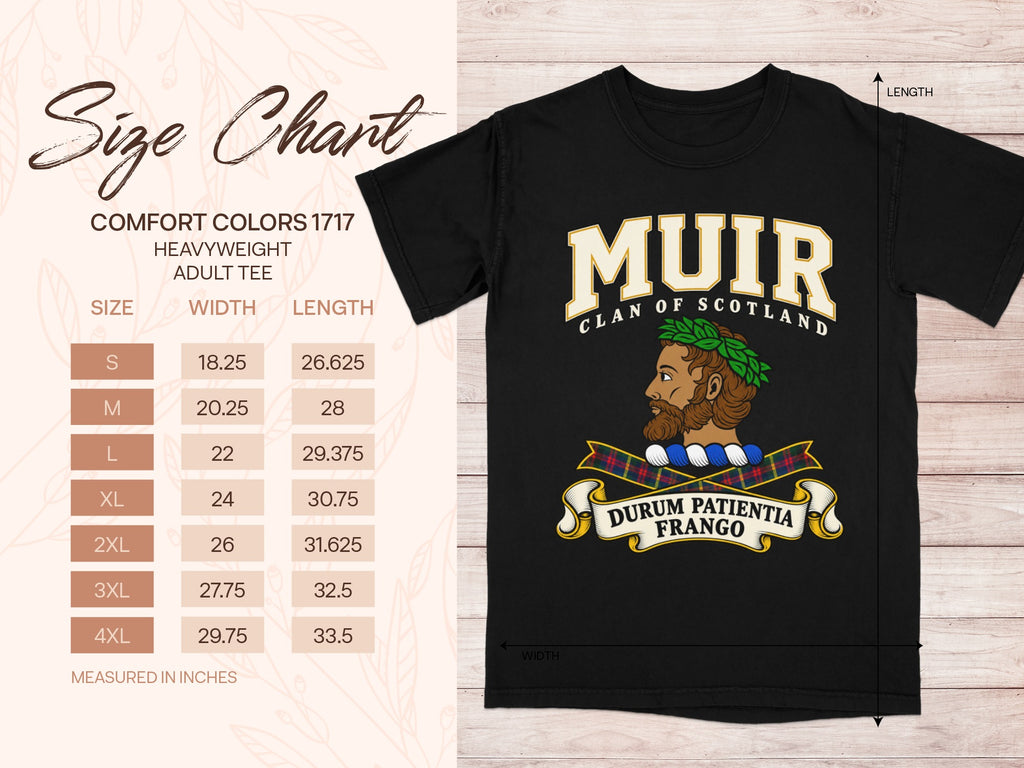 Muir Comfort Colors 1717 T-shirt size chart with black shirt illustration