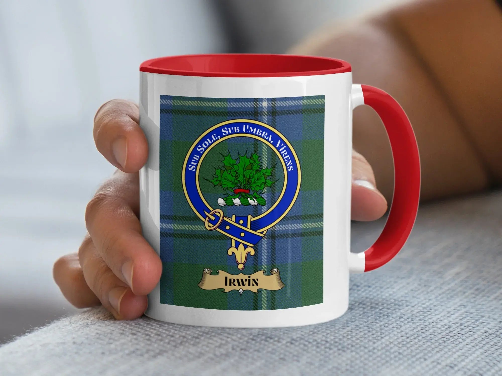 Irwin Family Crest Mug with Tartan Background Design