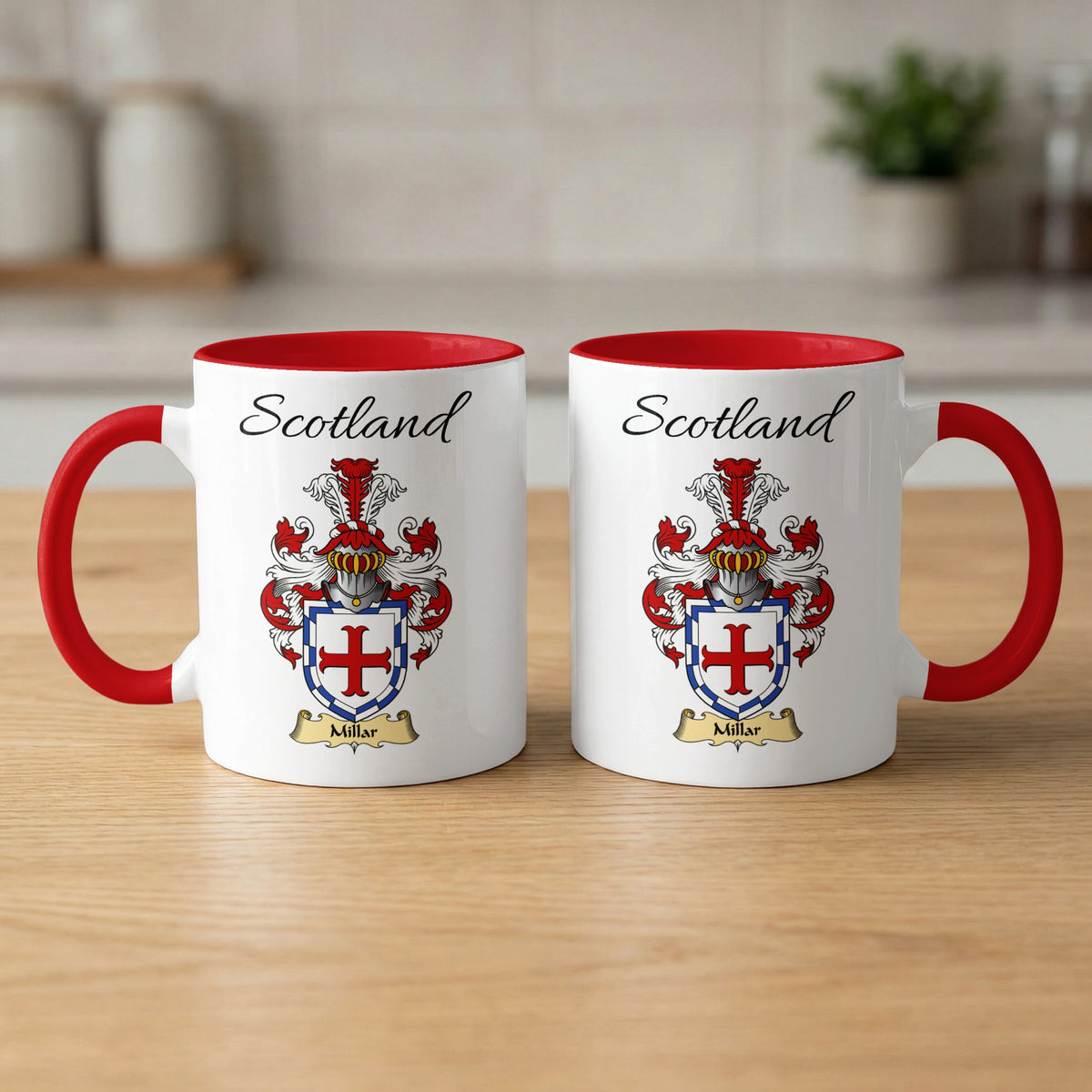 Red-accent Millar Scottish family crest mugs with Scotland above the heraldic shield