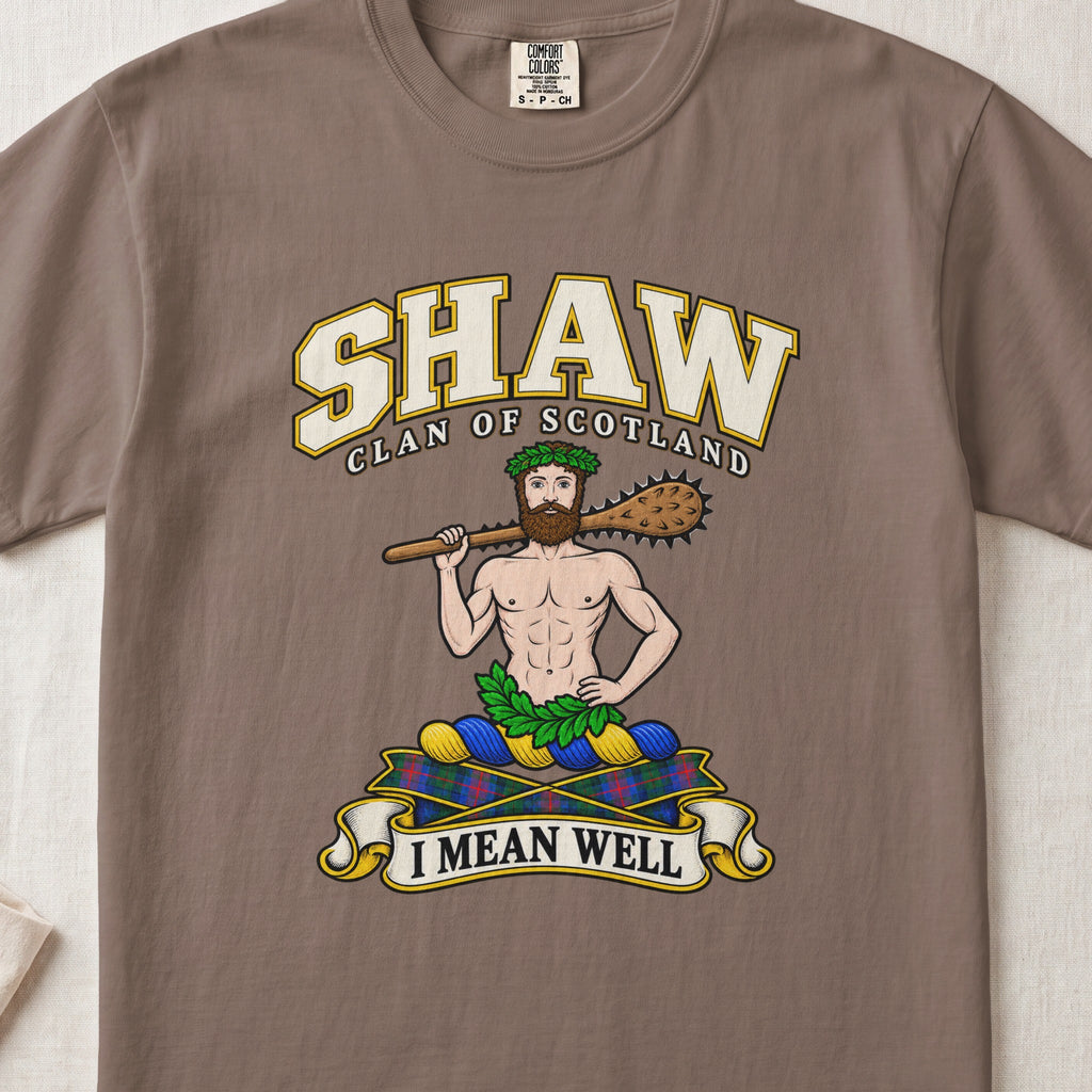 Shaw Scottish clan T-shirt in Espresso, front view with a bearded figure carrying a wooden club over one shoulder and motto banner.