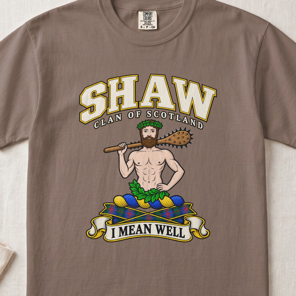Shaw Scottish clan T-shirt in Espresso, front view with a bearded figure carrying a wooden club over one shoulder and motto banner.